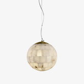 Modern spherical pendant lamp with white alabaster mosaic shade and brass accents, hanging light fixture
