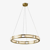 Modern circular chandelier pendant lamp with alabaster diffusers and brass frame suspended by wires