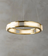 Modern circular brass chandelier pendant lamp with alabaster diffusers and warm white light