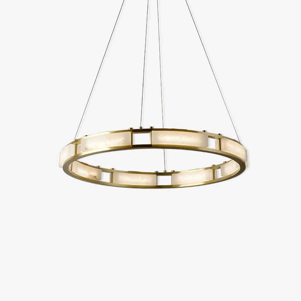 Modern brass circular chandelier pendant lamp with white alabaster panels and warm light