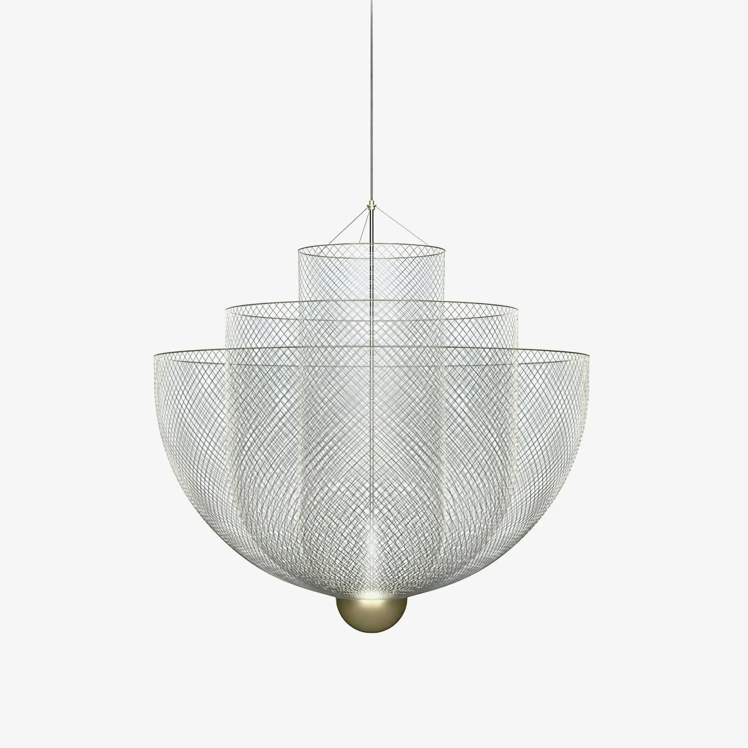 Modern YH Lamps pendant lamp with tiered chrome wire mesh shade, gold base, warm light, hanging chandelier