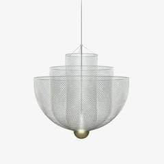 Modern YH Lamps pendant lamp with tiered chrome wire mesh shade, gold base, warm light, hanging chandelier