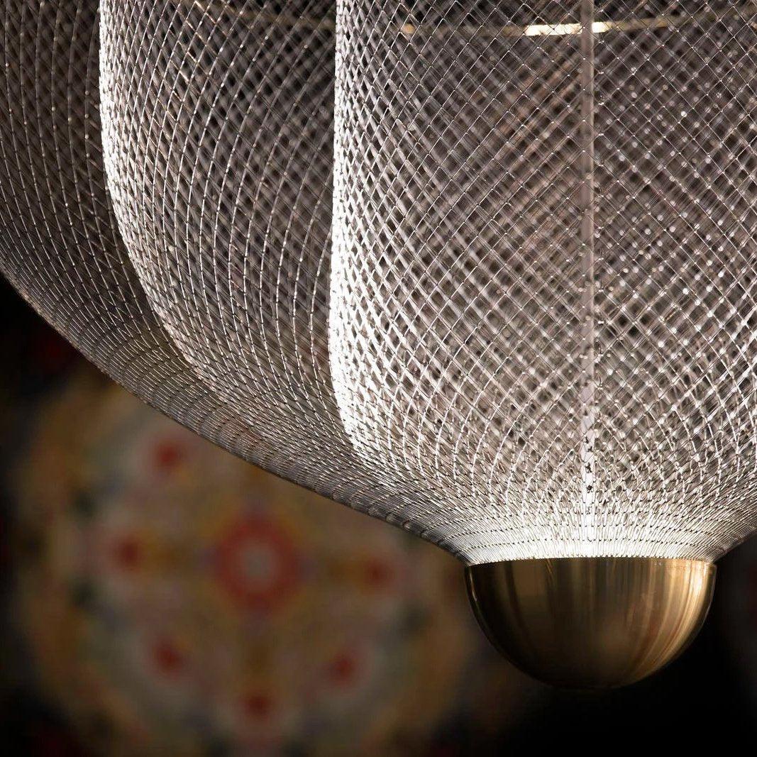 Modern YH Lamps pendant chandelier with chrome mesh shade and gold base emitting warm light