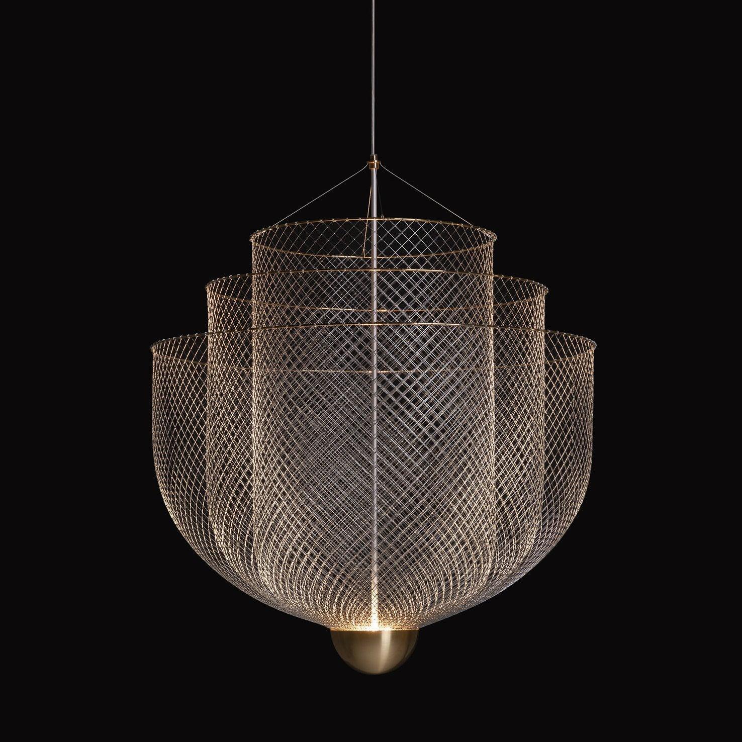 Modern YH Lamps pendant chandelier with layered gold mesh shades and warm light on black background