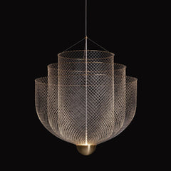 Modern YH Lamps pendant chandelier with layered gold mesh shades and warm light on black background