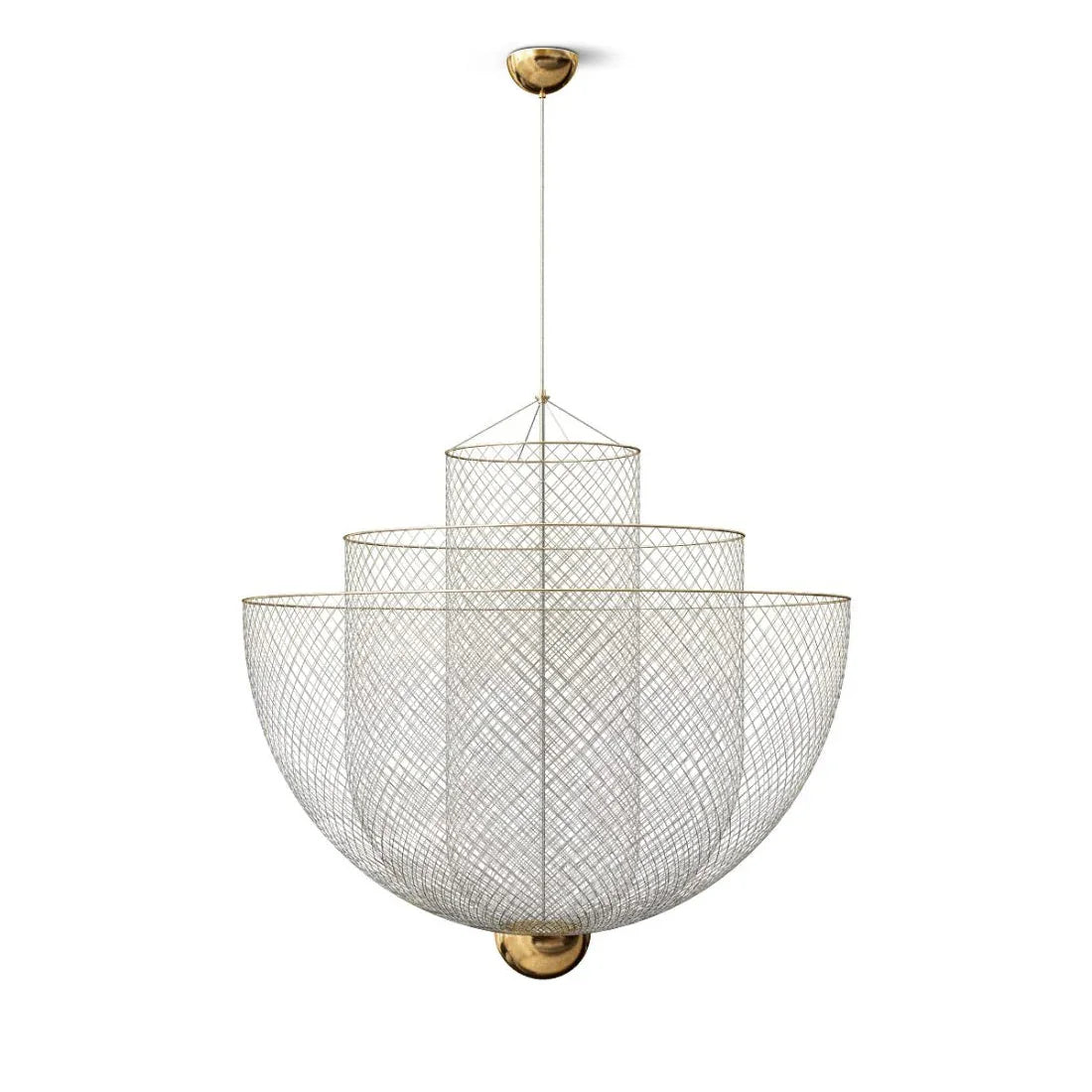 Modern gold base pendant chandelier with layered wire mesh shades hanging light fixture