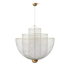 Modern gold base pendant chandelier with layered wire mesh shades hanging light fixture
