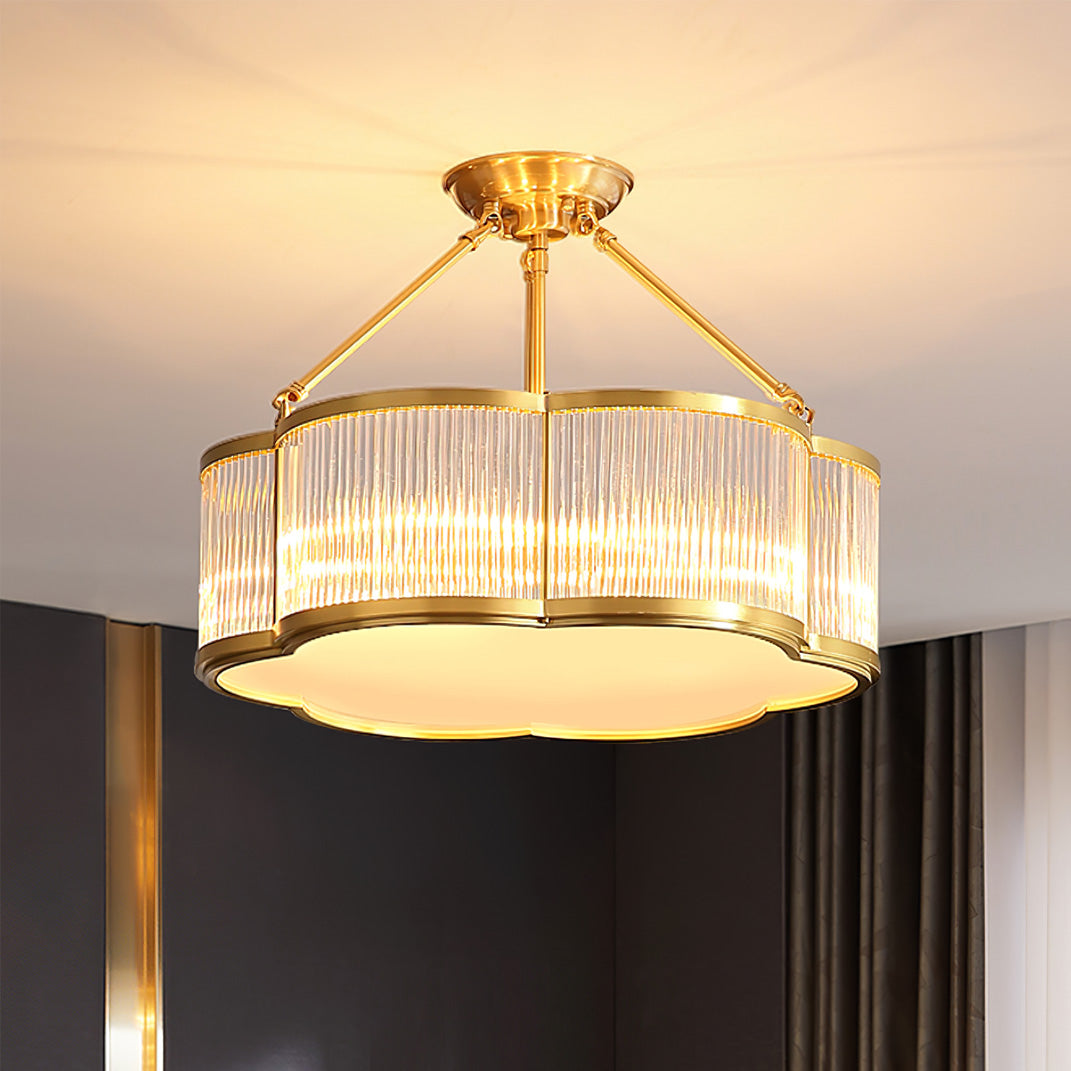 Modern brass chandelier with glass panels, elegant pendant ceiling light by YH Lamps