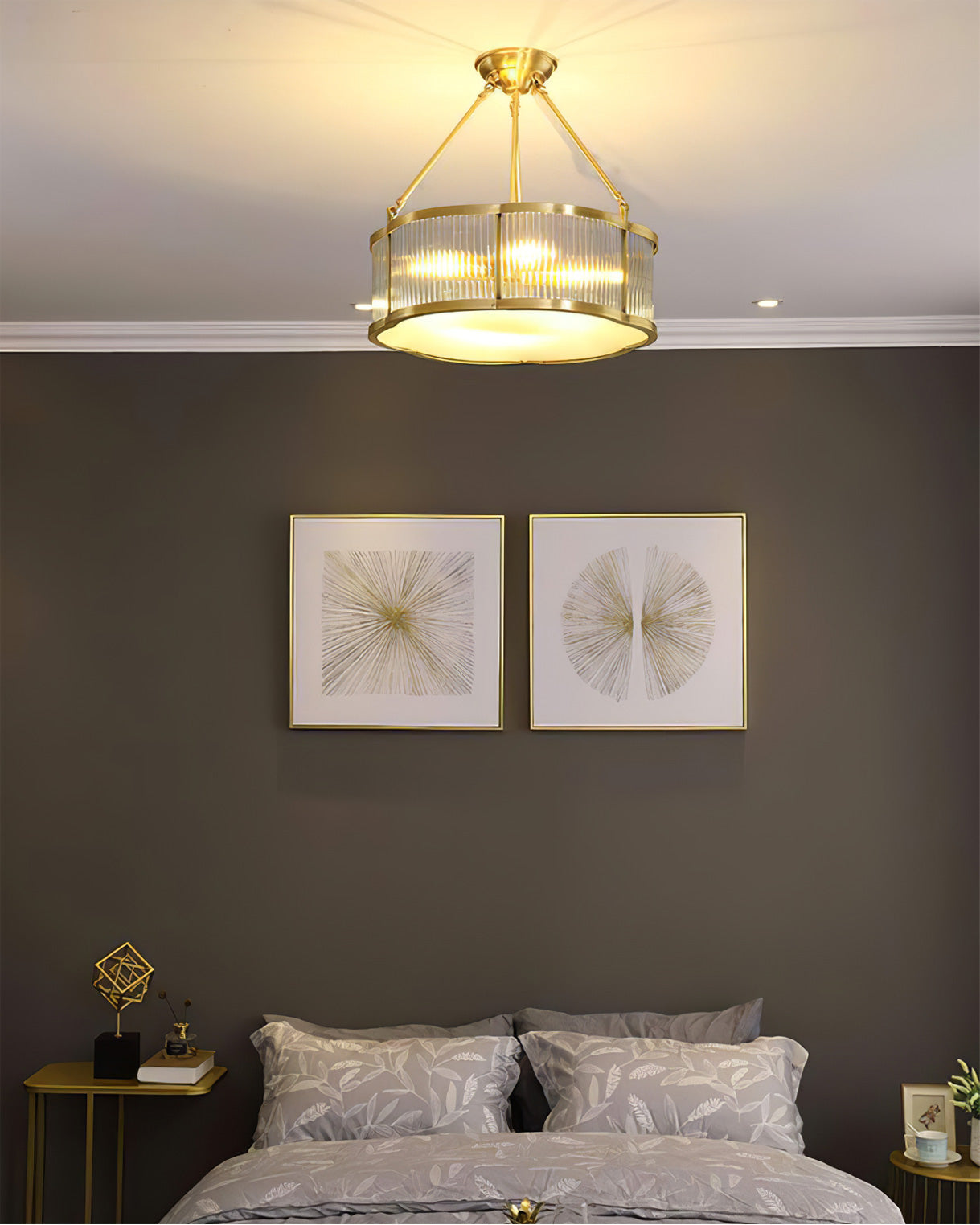 Modern brass and glass chandelier pendant lamp above stylish bedroom decor, YH Lamps