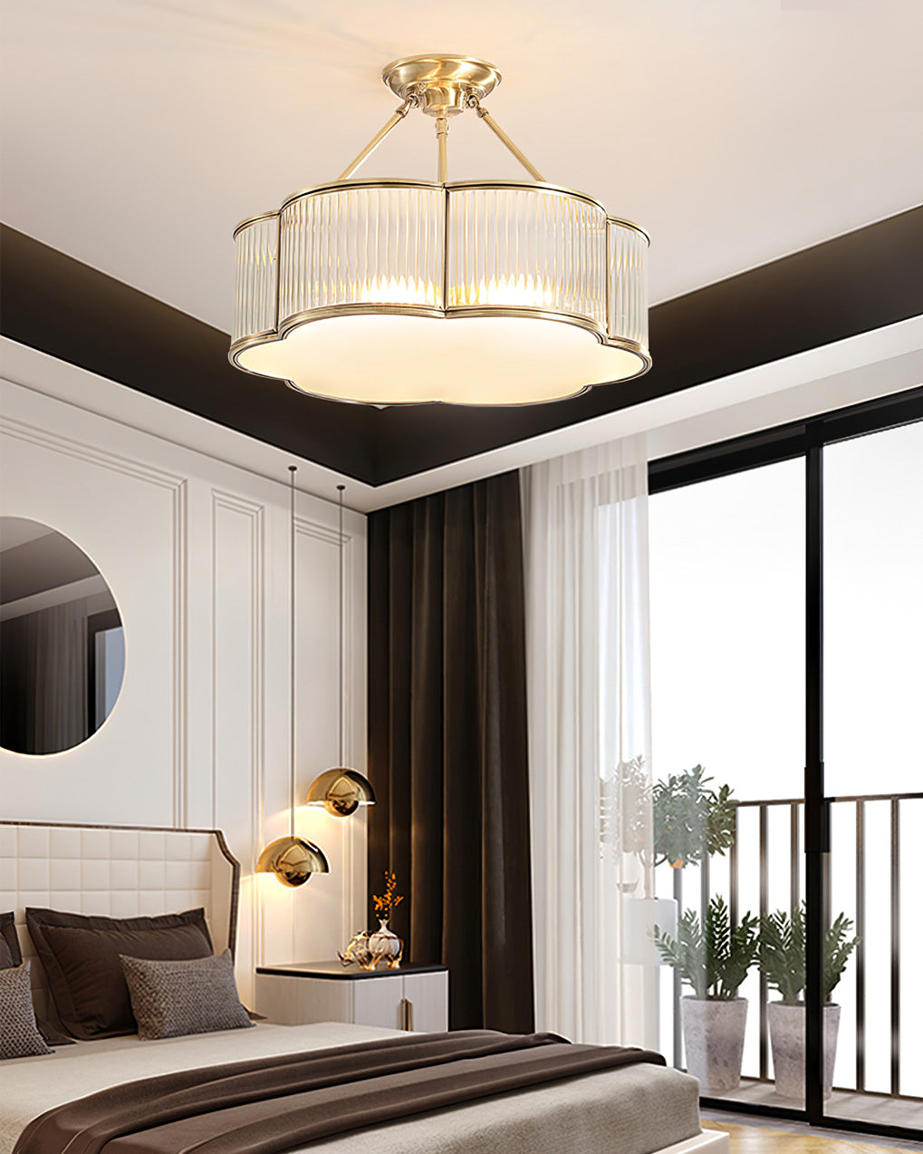 Modern brass pendant chandelier by YH Lamps in elegant bedroom interior with natural light.