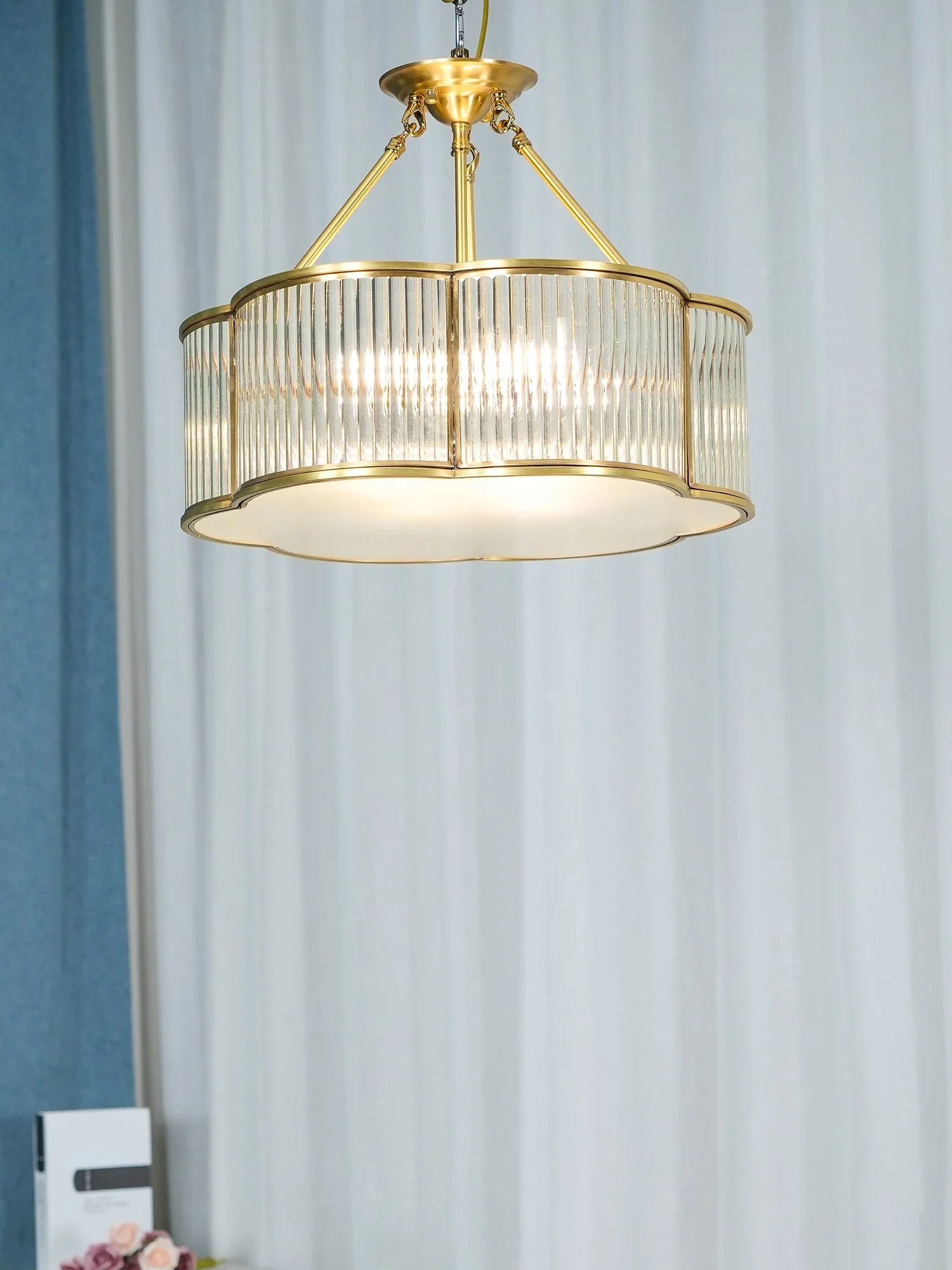 Modern brass pendant chandelier with ribbed glass shade by YH Lamps, elegant home lighting