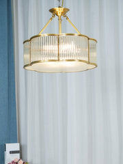 Modern brass pendant chandelier with ribbed glass shade by YH Lamps, elegant home lighting