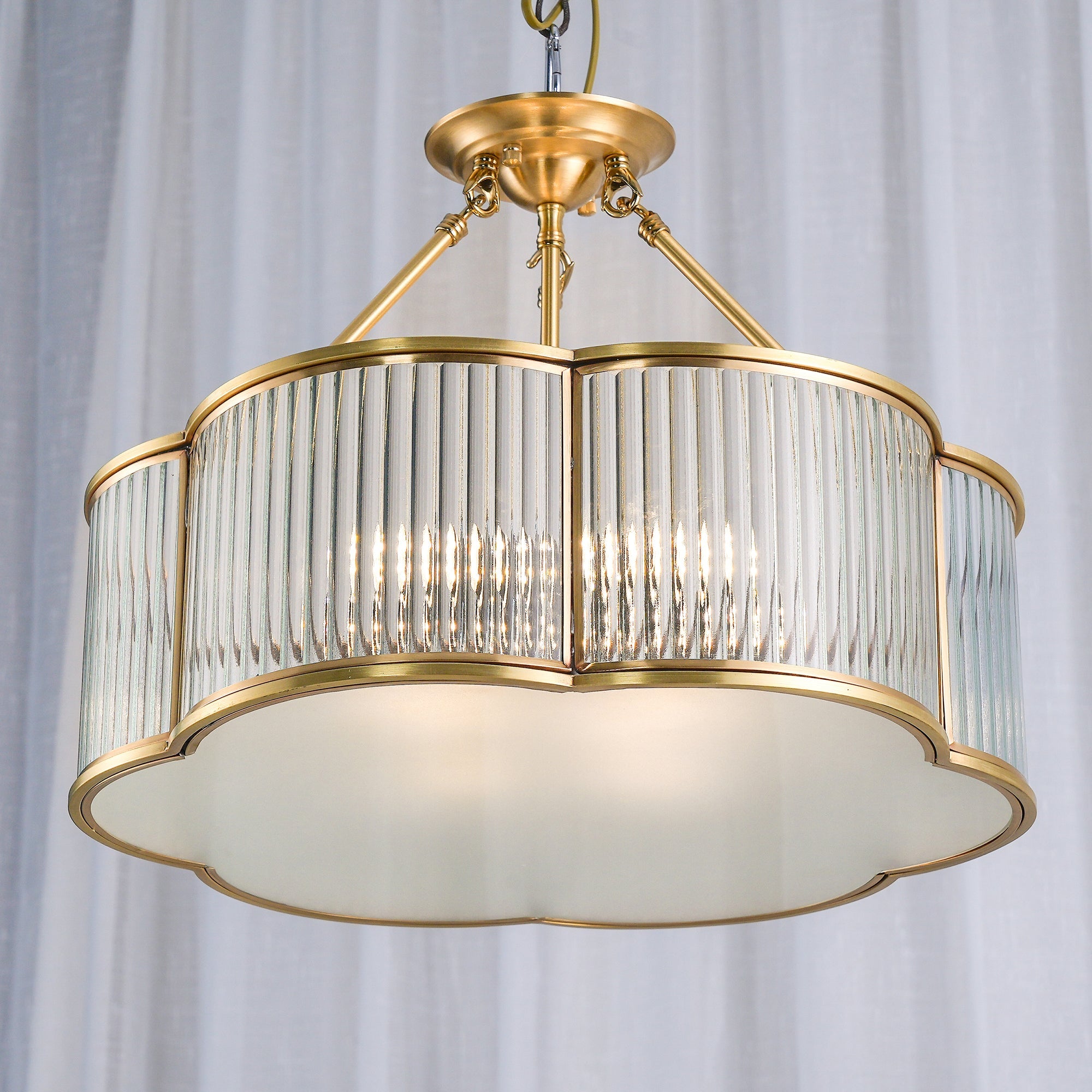 Modern brass pendant chandelier with fluted glass and a scalloped edge, YH Lamps home lighting