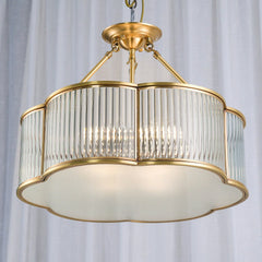 Modern brass pendant chandelier with fluted glass and a scalloped edge, YH Lamps home lighting