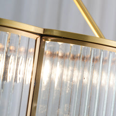 Close-up of modern brass and glass pendant chandelier by YH Lamps