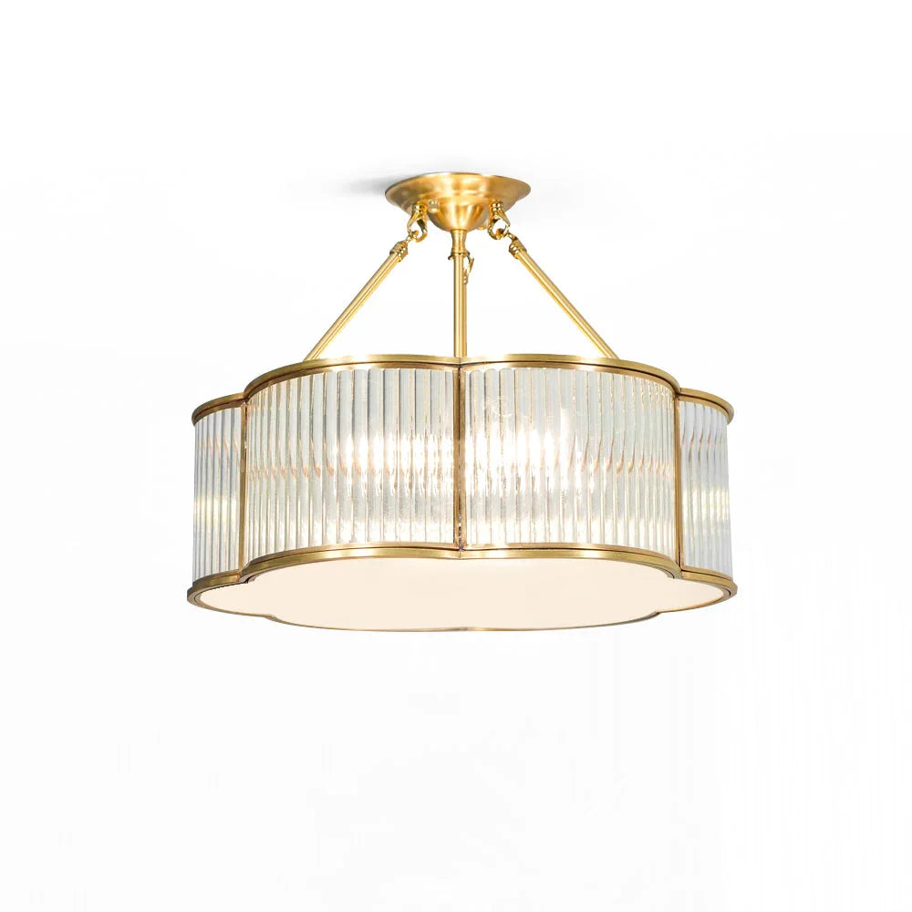 Modern brass pendant chandelier with ribbed glass, elegant ceiling light from YH Lamps
