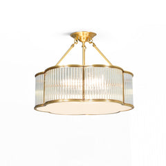 Modern brass pendant chandelier with ribbed glass, elegant ceiling light from YH Lamps