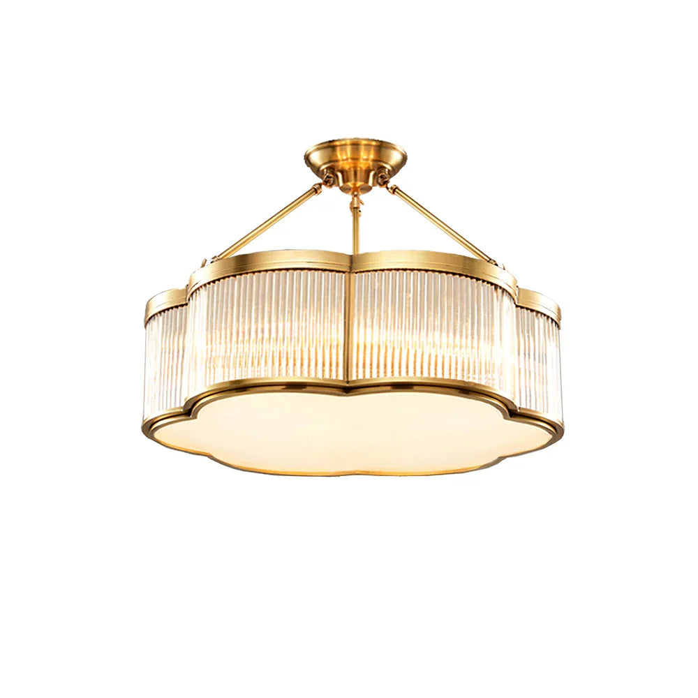 Modern brass pendant chandelier with glass panels and gold finish from YH Lamps