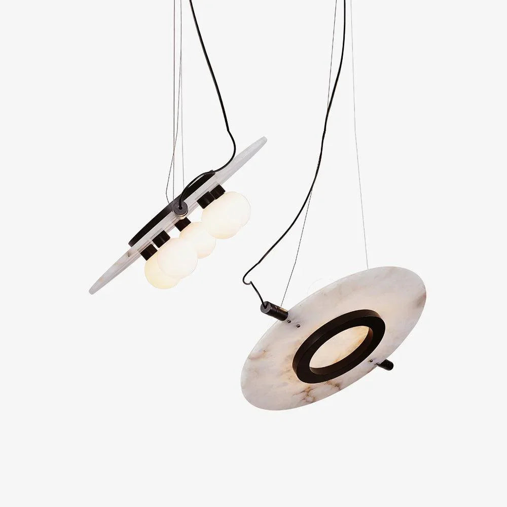 Modern YH Lamps pendant chandelier with black and white circular design and three glowing bulbs
