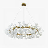 Modern gold and white ginkgo leaf chandelier pendant lamp suspended by wires with delicate leaf design