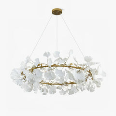 Modern gold and white ginkgo leaf chandelier pendant lamp suspended by wires with delicate leaf design