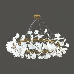 Modern gold and white ginkgo leaf chandelier pendant lamp with circular design from YH Lamps