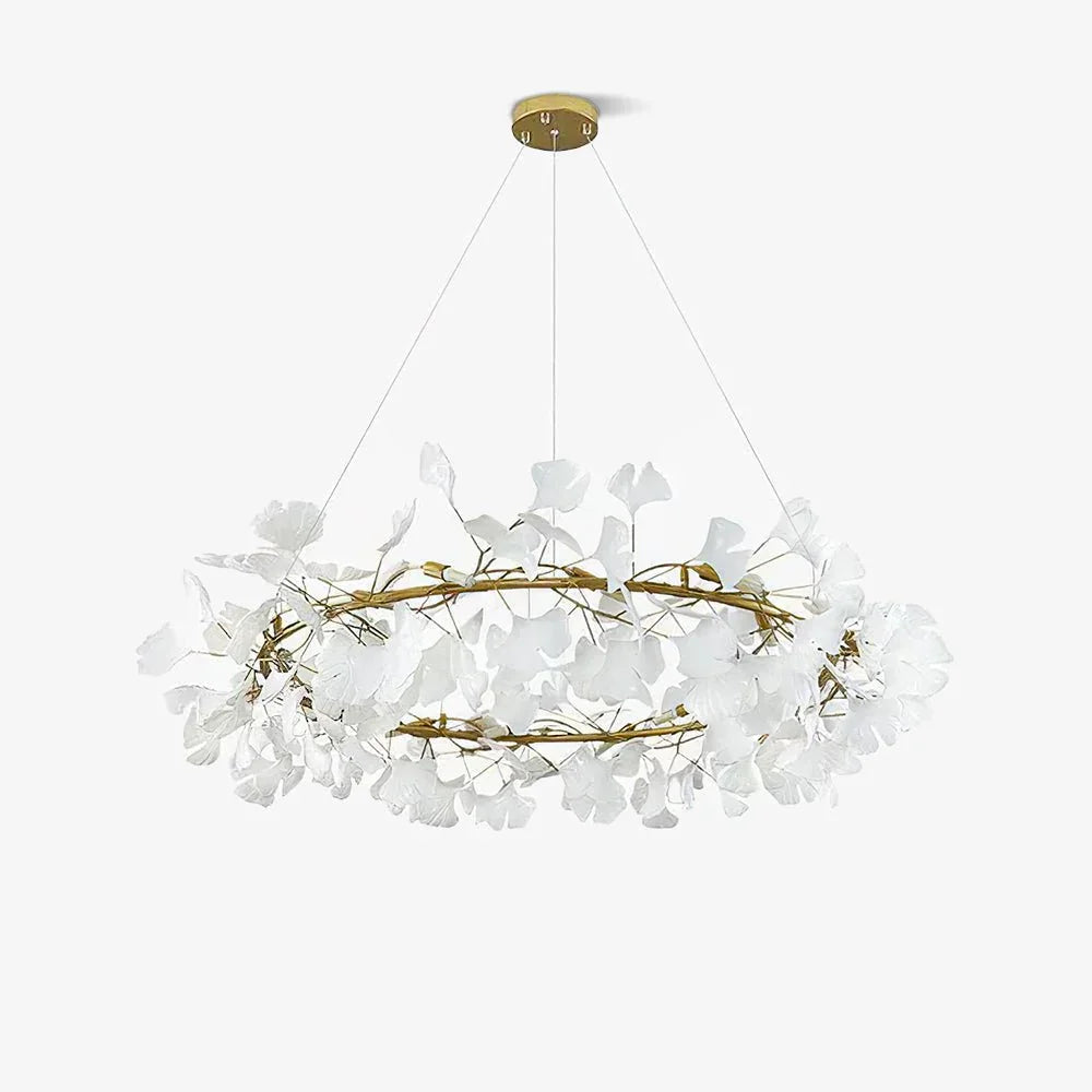 Modern gold and white ginkgo leaf chandelier pendant lamp with delicate translucent leaves