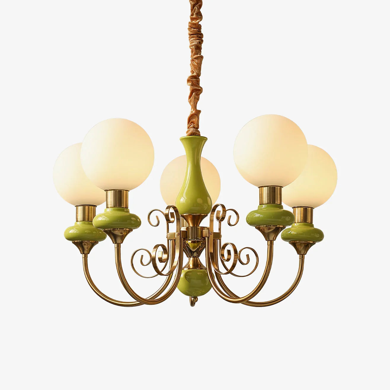 Modern chandelier with six white glass globes, gold metal arms, and green accents hanging lamp