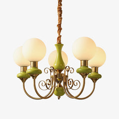 Modern chandelier with five frosted glass globes, gold metal arms, and green ceramic accents pendant lamp