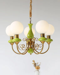 Modern gold and green chandelier pendant lamp with six white opal glass globes, elegant home lighting