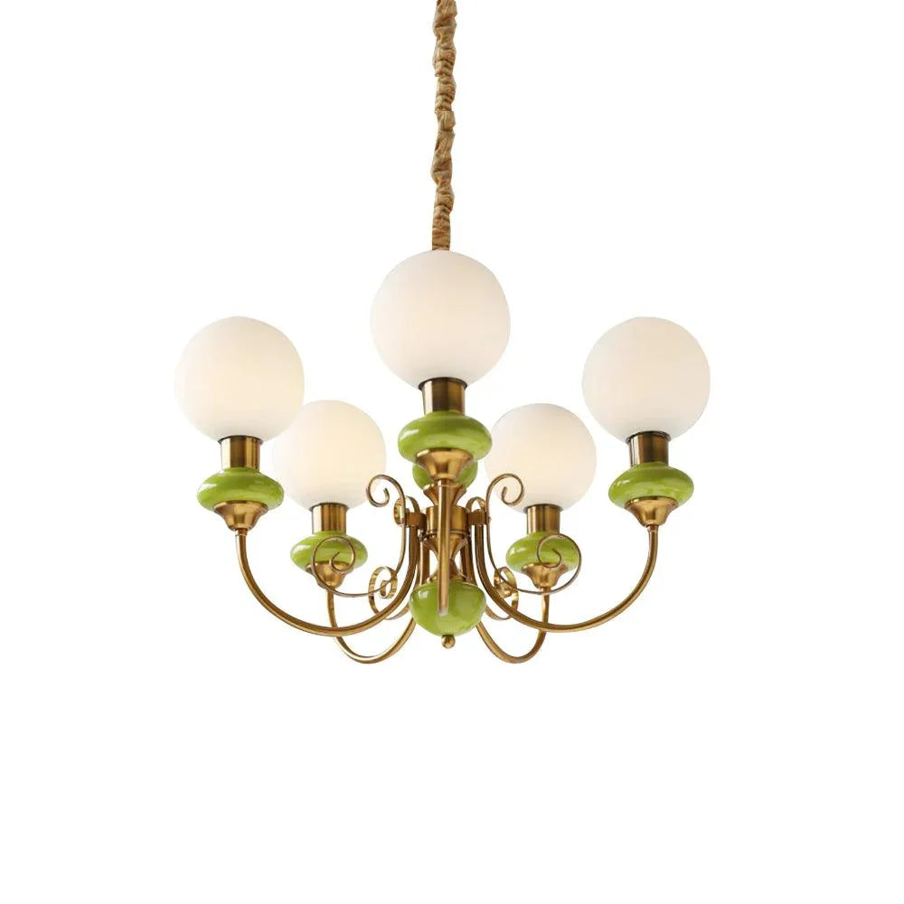 Modern chandelier with six frosted white globe shades and gold green accents hanging light fixture