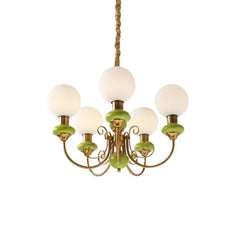 Modern chandelier with six frosted white globe shades and gold green accents hanging light fixture