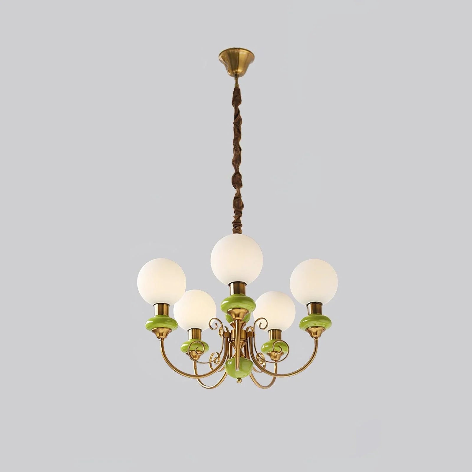 Elegant chandelier with six white globe lights, green and gold metal accents, hanging lamp from ceiling
