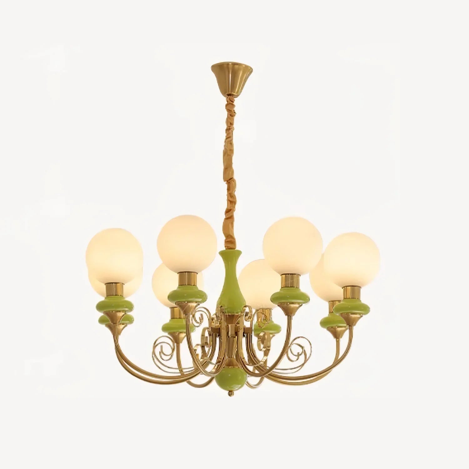 Elegant chandelier pendant lamp with seven white glowing globe lights, gold metal and green ceramic accents