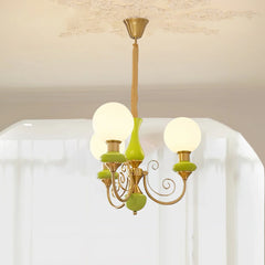 Modern chandelier pendant lamp with three white globe lights, gold metal frame, and green accents
