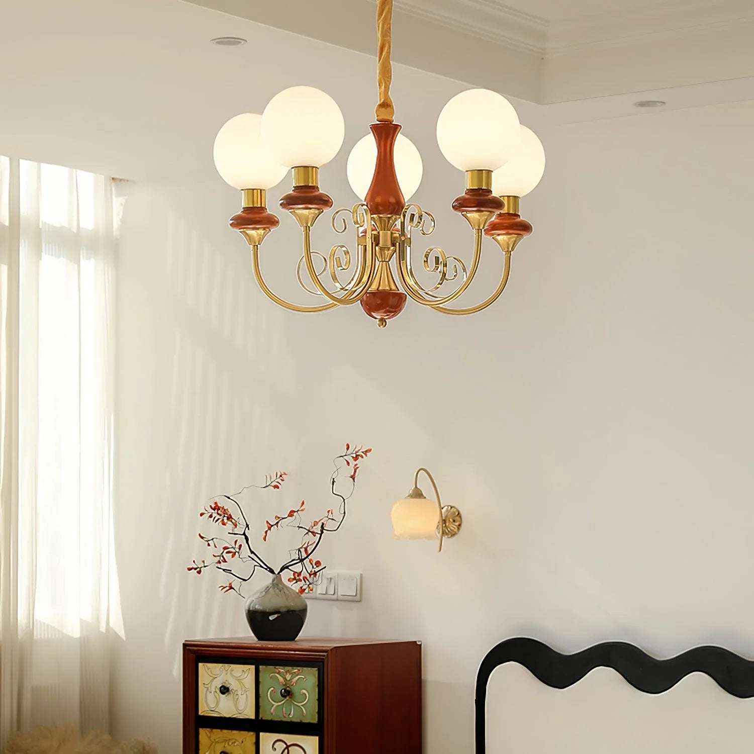 YH Lamps modern 5-globe gold and brown chandelier over wooden cabinet with decorative vase in bright room