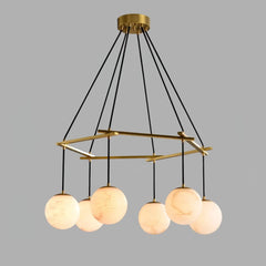 Modern chandelier pendant lamp with six alabaster globe lights and brass hexagonal frame