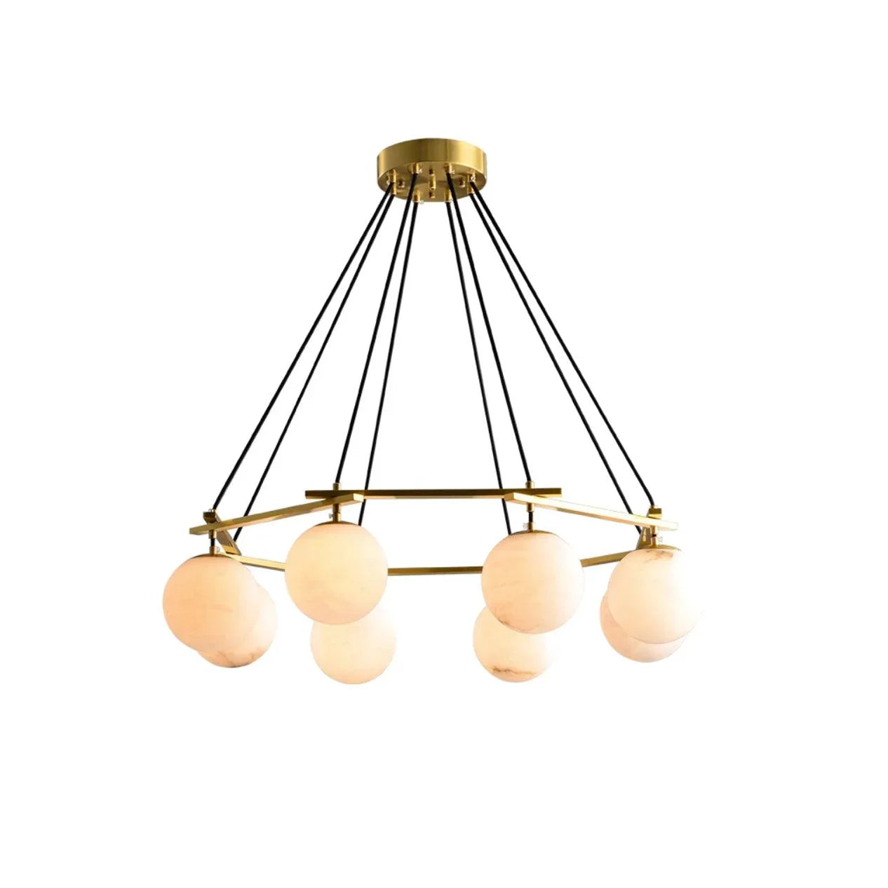 Modern chandelier with brass frame and eight alabaster globe lights hanging from black cords
