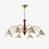 Modern YH Lamps chandelier with 8 white flower-shaped lampshades, brass arms, and walnut wood center