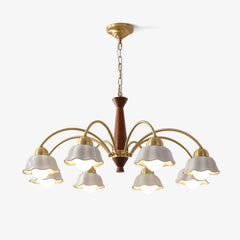 Modern YH Lamps chandelier with 8 white flower-shaped lampshades, brass arms, and walnut wood center