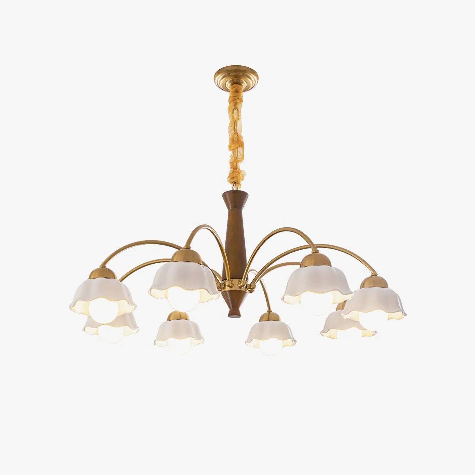 Modern chandelier with seven white flower-shaped glass shades and brass arms, walnut wood center