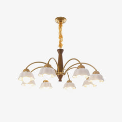 Modern chandelier with seven white flower-shaped glass shades and brass arms, walnut wood center