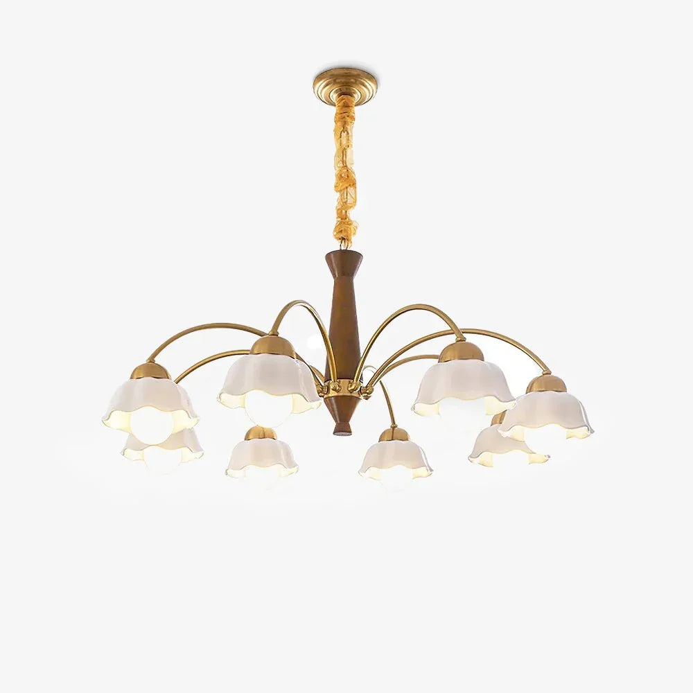 Modern chandelier with eight white frosted glass shades, brass arms, and walnut wood accent, Swedish design