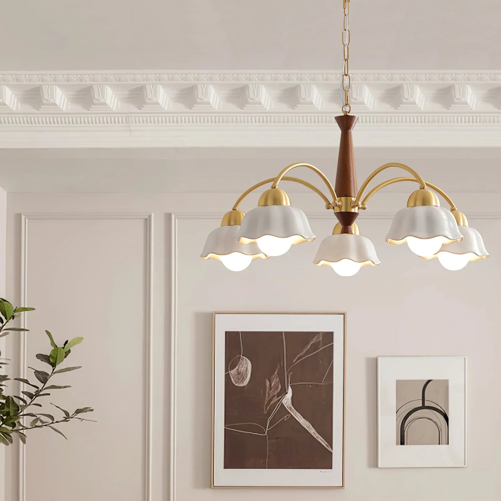 Modern 3-head brass and walnut wood pendant chandelier with white scalloped shades in elegant living room