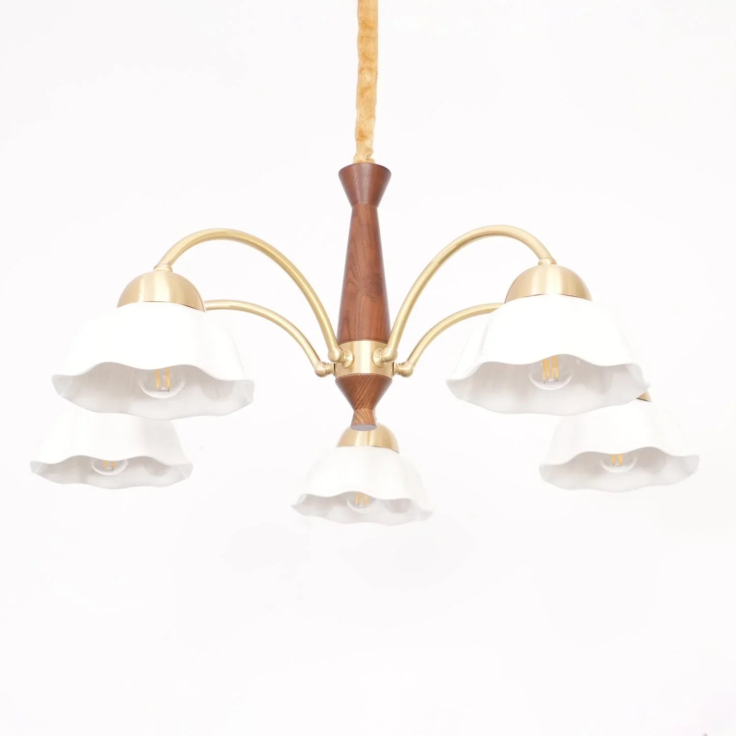 YH Lamps modern pendant chandelier with 5 white ruffled glass shades, brass arms, and walnut wood accents