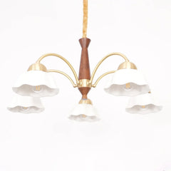 YH Lamps modern pendant chandelier with 5 white ruffled glass shades, brass arms, and walnut wood accents