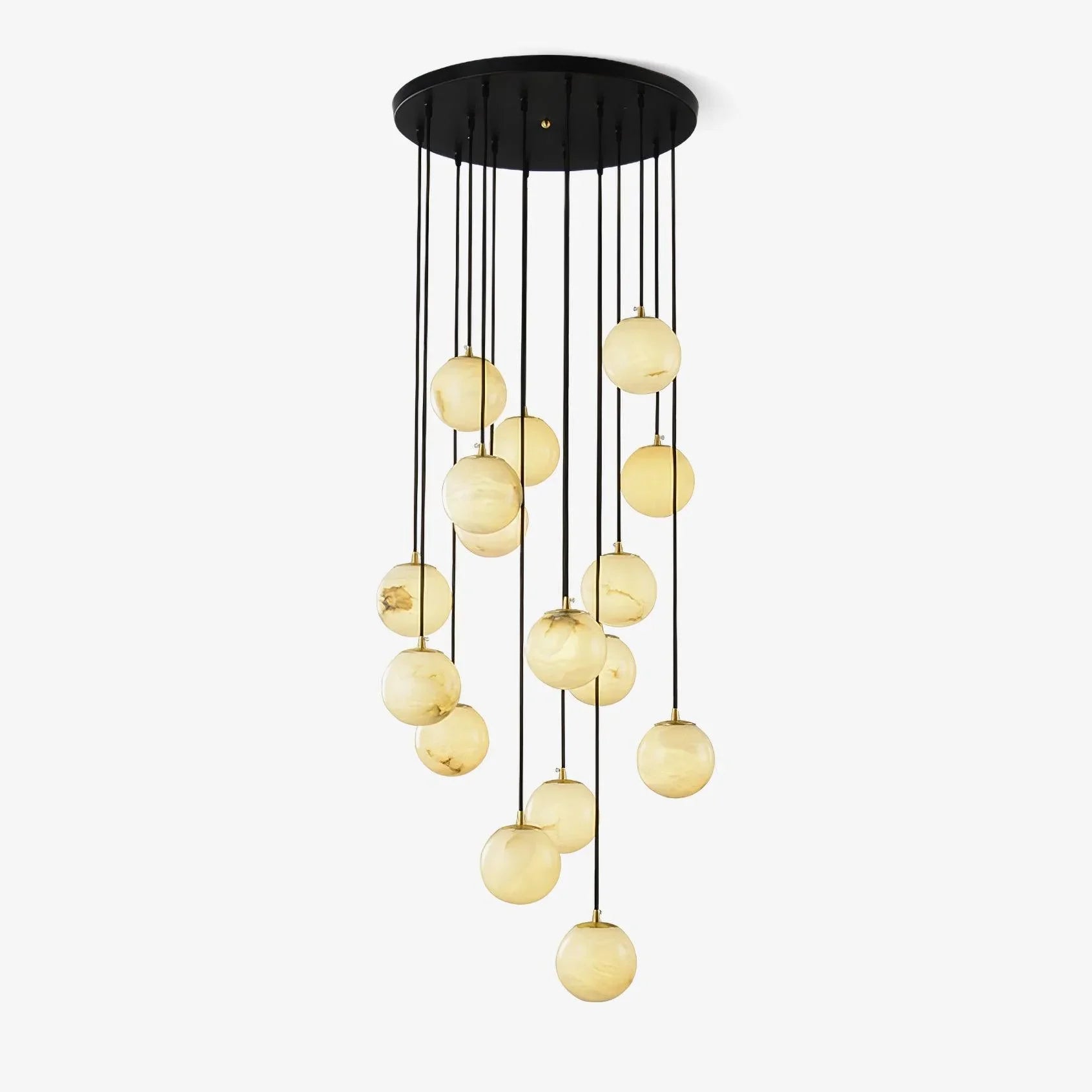 Modern chandelier with 16 alabaster glass globe lights hanging from black round canopy pendant lamp