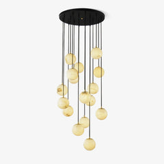 Modern chandelier with 16 alabaster glass globe lights hanging from black round canopy pendant lamp