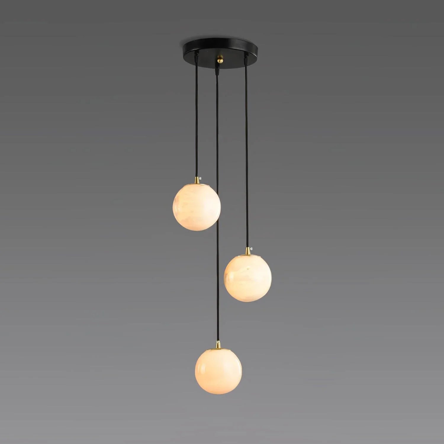 Modern YH Lamps pendant chandelier with three alabaster glass globes hanging from black round canopy