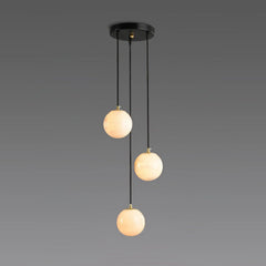 Modern YH Lamps pendant chandelier with three alabaster glass globes hanging from black round canopy